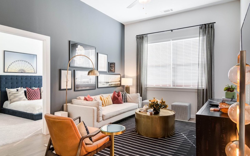 area rug in large living room with oversized window