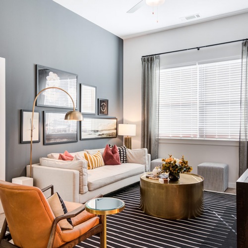 Relax and unwind in stylish living spaces area rug in large living room with oversized window